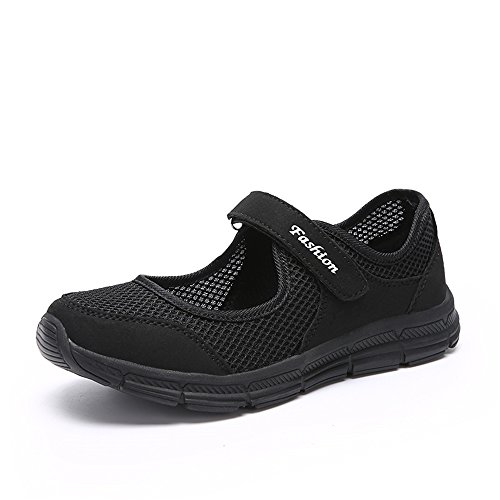 Damen Outdoor Fitnessschuhe Atmungsaktive Mesh Schuhe Sport Slipper mit Klettverschluss, Schwarz, 38 EU von Super Lee