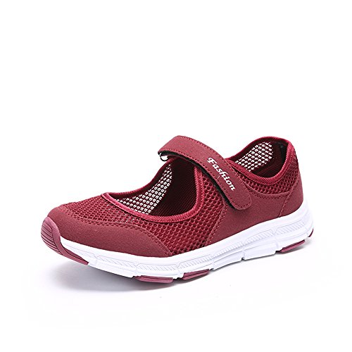 Damen Outdoor Fitnessschuhe Atmungsaktive Mesh Schuhe Sport Slipper mit Klettverschluss, Rot, 40 EU von Super Lee