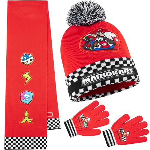 Super Mario Mütze Winter Set Kinder, Handschuhe & Beanie oder Handschuhe, Schal mit Mütze Mario Kart Geschenke für Jungs (Rot 3-teilig) von Super Mario
