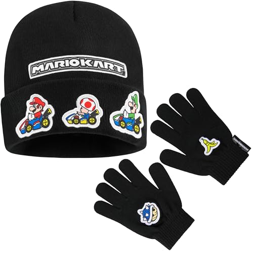 Super Mario Mütze Winter Set Kinder, Handschuhe & Beanie oder Handschuhe, Schal mit Mütze Mario Kart Geschenke für Jungs (Schwarz 2-teilig) von Super Mario