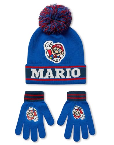 Super Mario Nintendo Jungen-Beanie-Mütze und Handschuh-Set | Gestrickte Bommelmütze für Kinder in Blau und Rot | Gestreifter Kopf- und Handwärmer für Kinder in Einheitsgröße von Super Mario