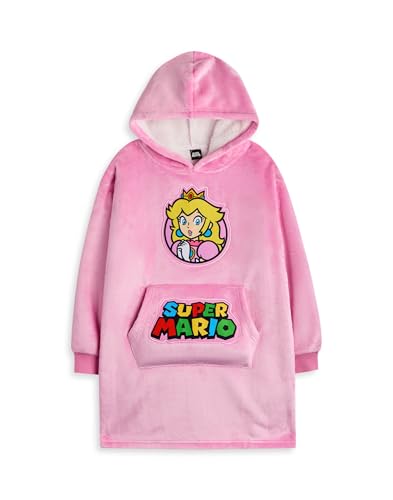 Super Mario Nintendo Mädchen tragbarer Decken-Hoodie | Rosafarbener Kinder-Kapuzenpullover mit Prinzessin-Peach-Charaktergrafiken | Sherpa-gefütterte Videospiel-Loungewear für Kinder mit Taschen von Super Mario