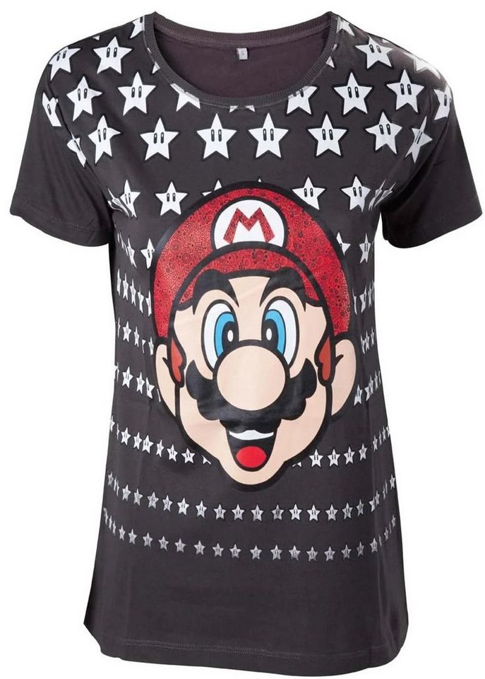 Super Mario Print-Shirt Super Mario Damen T-Shirt Stars dunkelgrau Erwachsene + Jugendliche von Super Mario