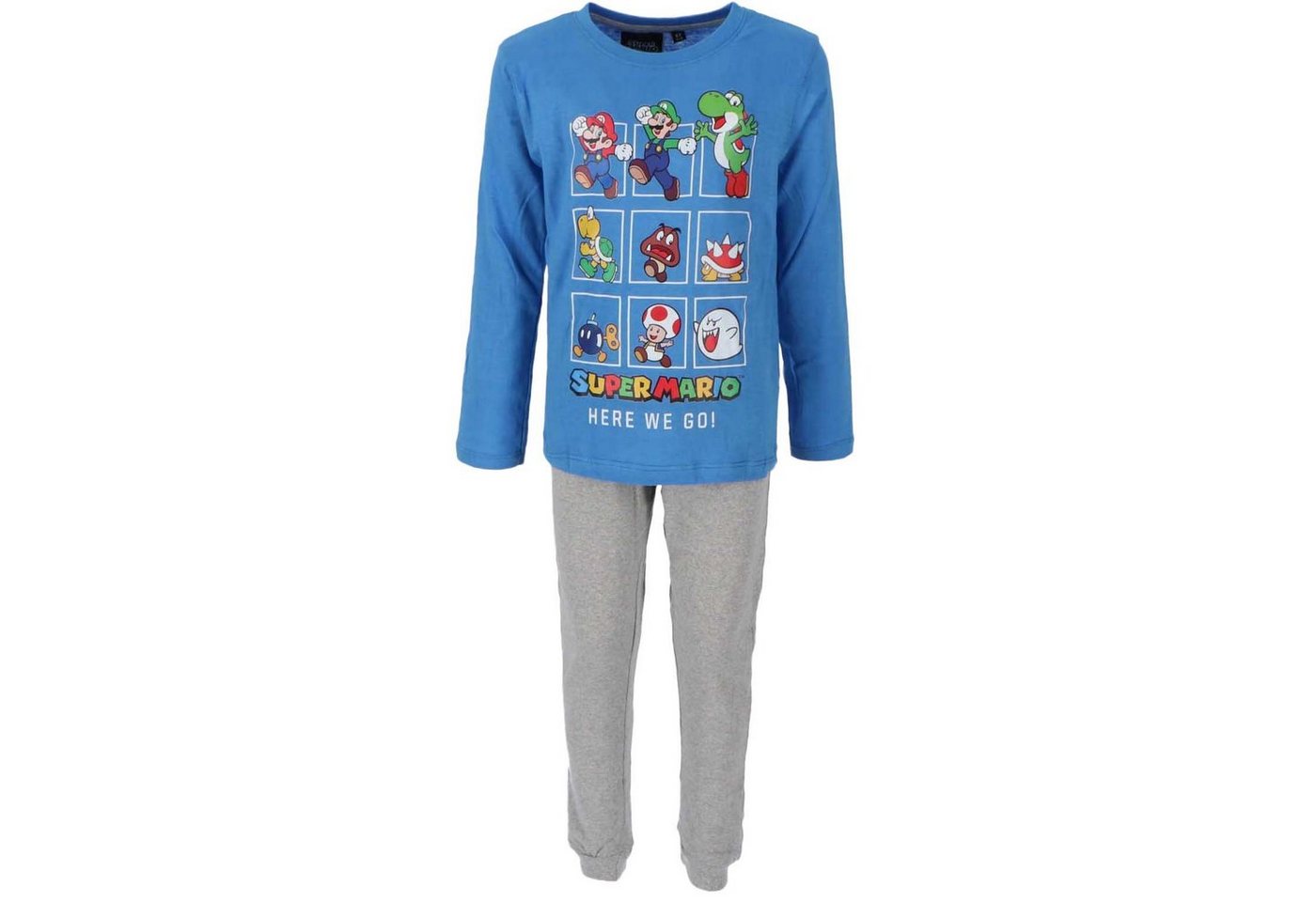 Super Mario Schlafanzug SUPER MARIO Pyjama Kinder Schlafanzug Jungen und Mädchen Lange Hose + Longsleeve Blau/Grau Gr.98 104 110 116 122 128 von Super Mario