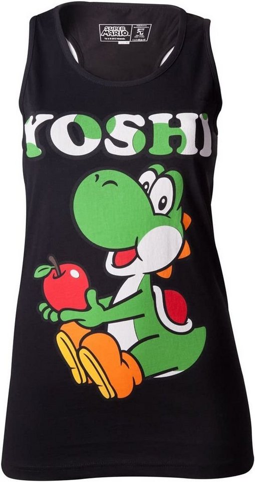 Super Mario Tanktop Super Mario Tank Damen Shirt Schwarz YOSHI lang geschnitten Gr. S M von Super Mario