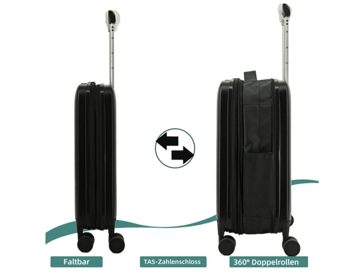 Super Solu Hartschalen-Trolley Faltbarer Hartschalenkoffer aus PP mit Erweiterung/ Reisekoffer, 4 Rollen, Schwarz, 24 Zoll, leicht, platzsparend, TSA-Zahlenschloss von Super Solu