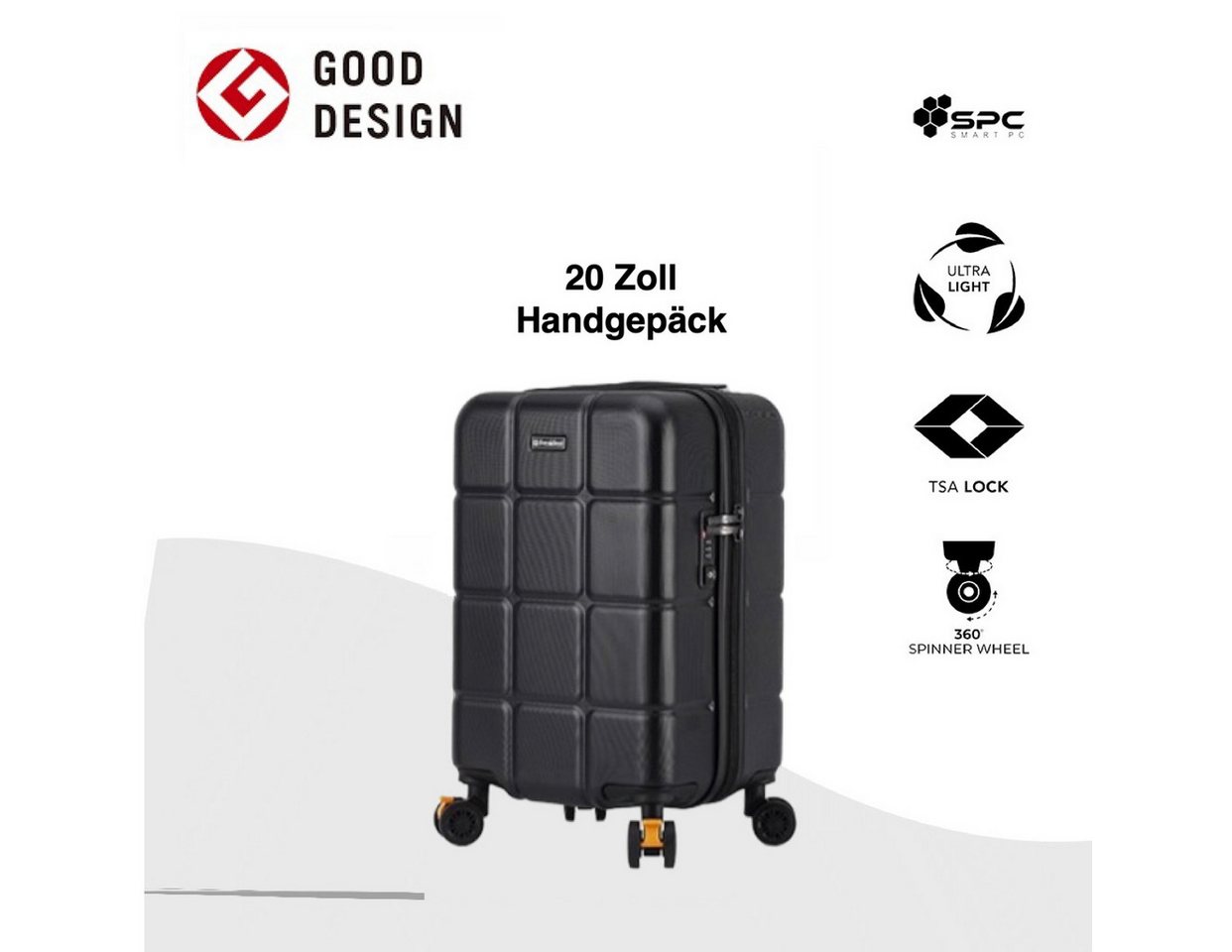 Super Solu Hartschalen-Trolley Hartschalenkoffer aus Smart PC recyceltem Material / Reisekoffer, 4 Rollen, 20 Zoll, Schwarz, DESIGN AWARD, TSA-Zahlenschloss von Super Solu