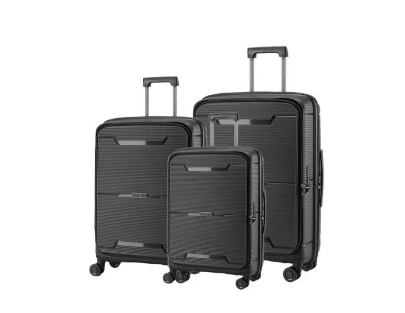 Super Solu Hartschalen-Trolley Erweiterbarer Hartschalenkoffer, Frontöffnung Reisekoffer aus PP, 4 Rollen, 360° Doppelrollen, 3er-Set, Schwarz, TSA-Zahlenschloss, Polypropylen von Super Solu