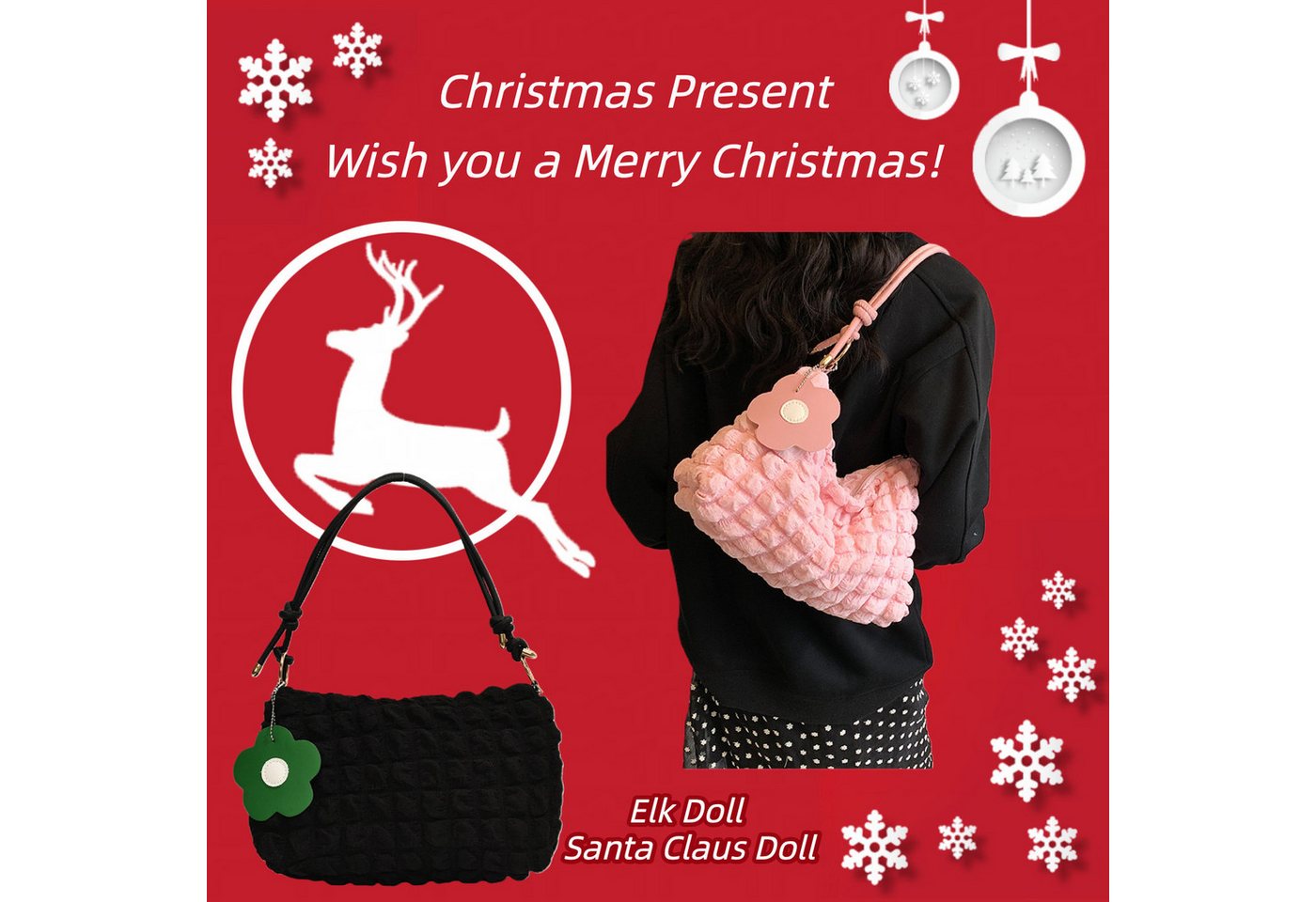 Super Solu Schultertasche Exklusives Weihnachts-Taschen-Duo Damen Handtaschen (Rosa & Schwarz, 2-tlg., 8*16*27cm(B/H/T), ultraleichte Stofftasche, flexibel als Schulter- & Unterarmtasche von Super Solu