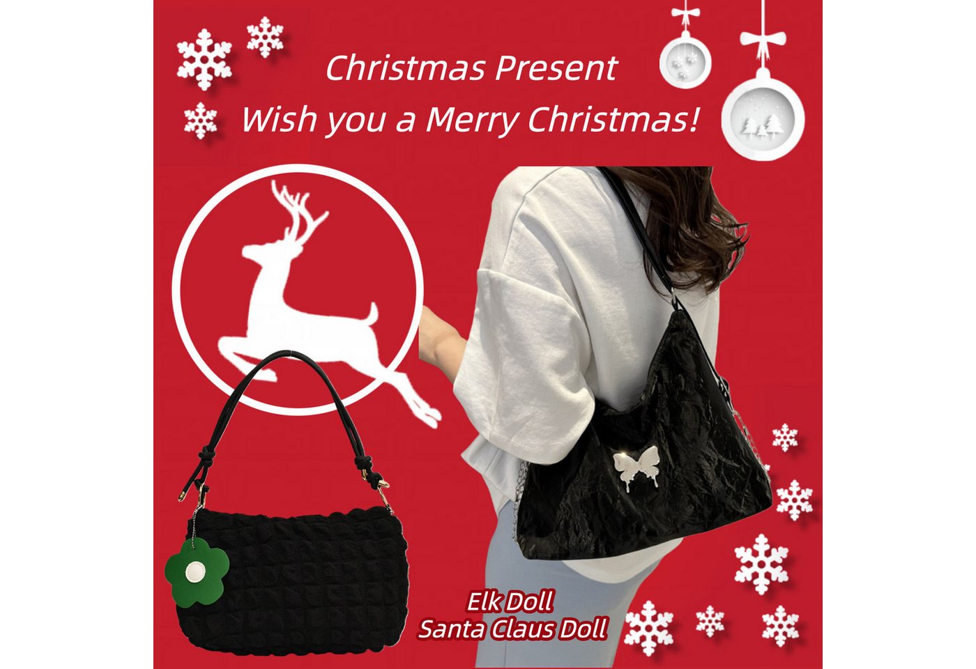 Super Solu Schultertasche Exklusives Weihnachts-Taschen-Duo Damen Handtaschen (Schwarz & Schwarz, 2-tlg., Tasche 1: B/H/T30/26,5/9cm, Tasche 2: B/H/T 8*16*27cm), Tasche 1: 3-in-1 aus PU, Tasche 2: Wolken-Style aus Stoff von Super Solu