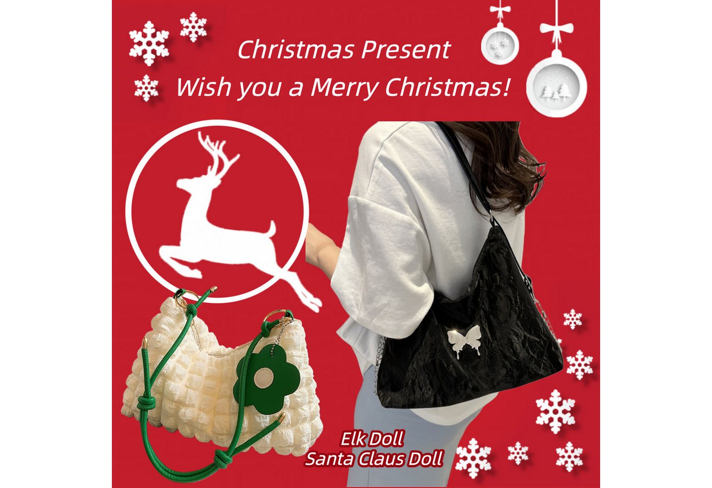 Super Solu Schultertasche Exklusives Weihnachts-Taschen-Duo Damen Handtaschen (Schwarz & Weiß, 2-tlg., Tasche 1: B/H/T30/26,5/9cm, Tasche 2: B/H/T 8*16*27cm), Tasche 1: 3-in-1 aus PU, Tasche 2: Wolken-Style aus Stoff von Super Solu