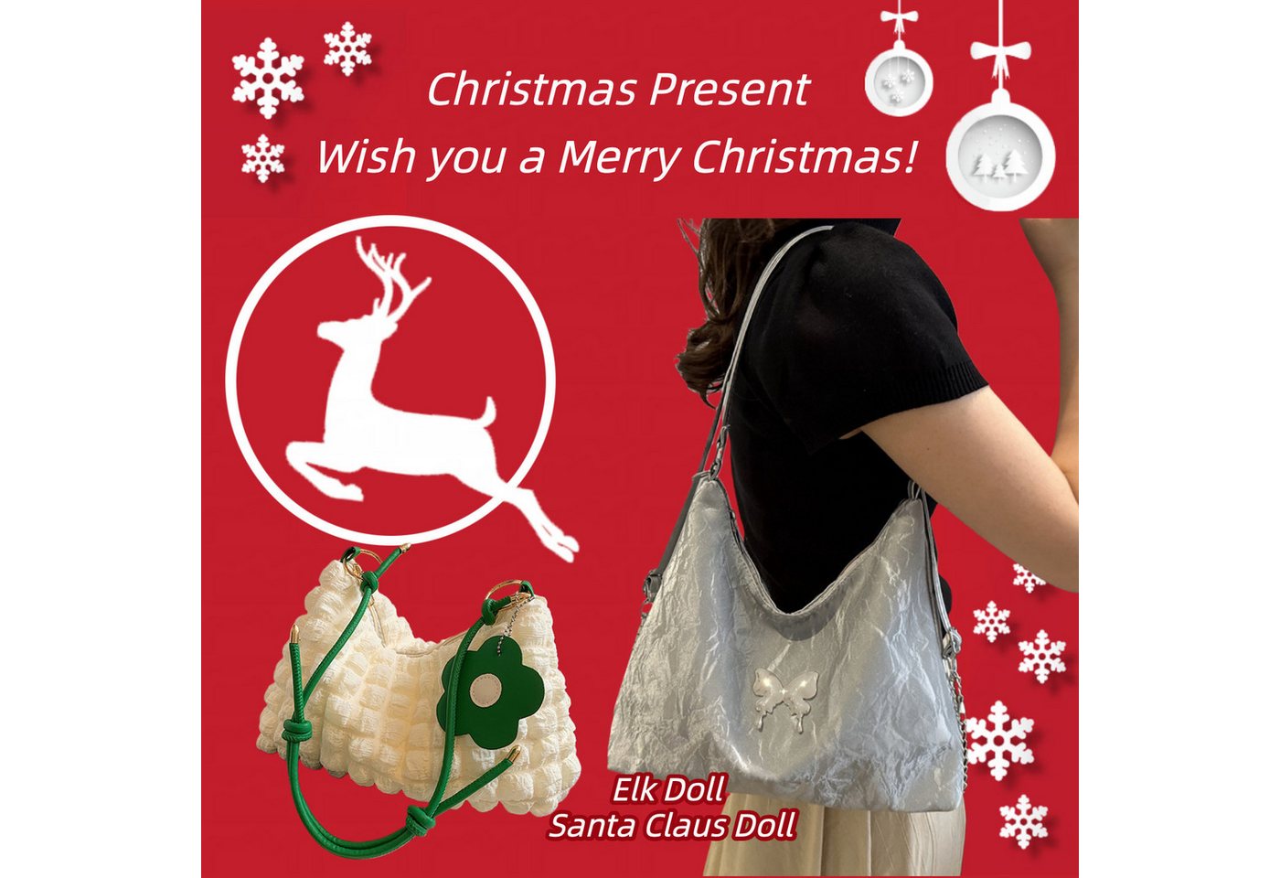 Super Solu Schultertasche Exklusives Weihnachts-Taschen-Duo Damen Handtaschen (Silber & Weiß, 2-tlg., Tasche 1: B/H/T30/26,5/9cm, Tasche 2: B/H/T 8*16*27cm), Tasche 1: 3-in-1 aus PU, Tasche 2: Wolken-Style aus Stoff von Super Solu