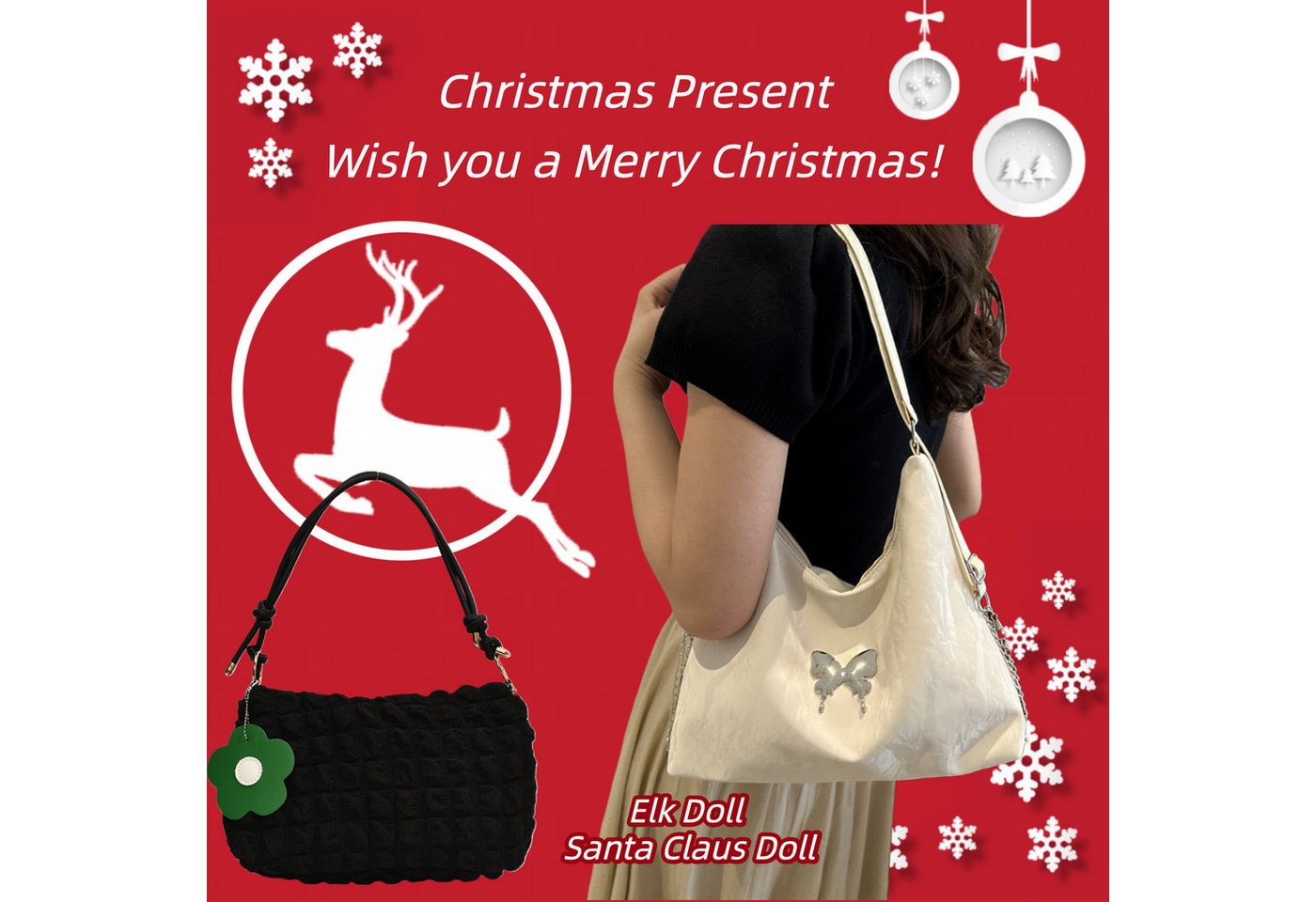 Super Solu Schultertasche Exklusives Weihnachts-Taschen-Duo Damen Handtaschen (Weiß & Schwarz, 2-tlg., Tasche 1: B/H/T30/26,5/9cm, Tasche 2: B/H/T 8*16*27cm), Tasche 1: 3-in-1 aus PU, Tasche 2: Wolken-Style aus Stoff von Super Solu