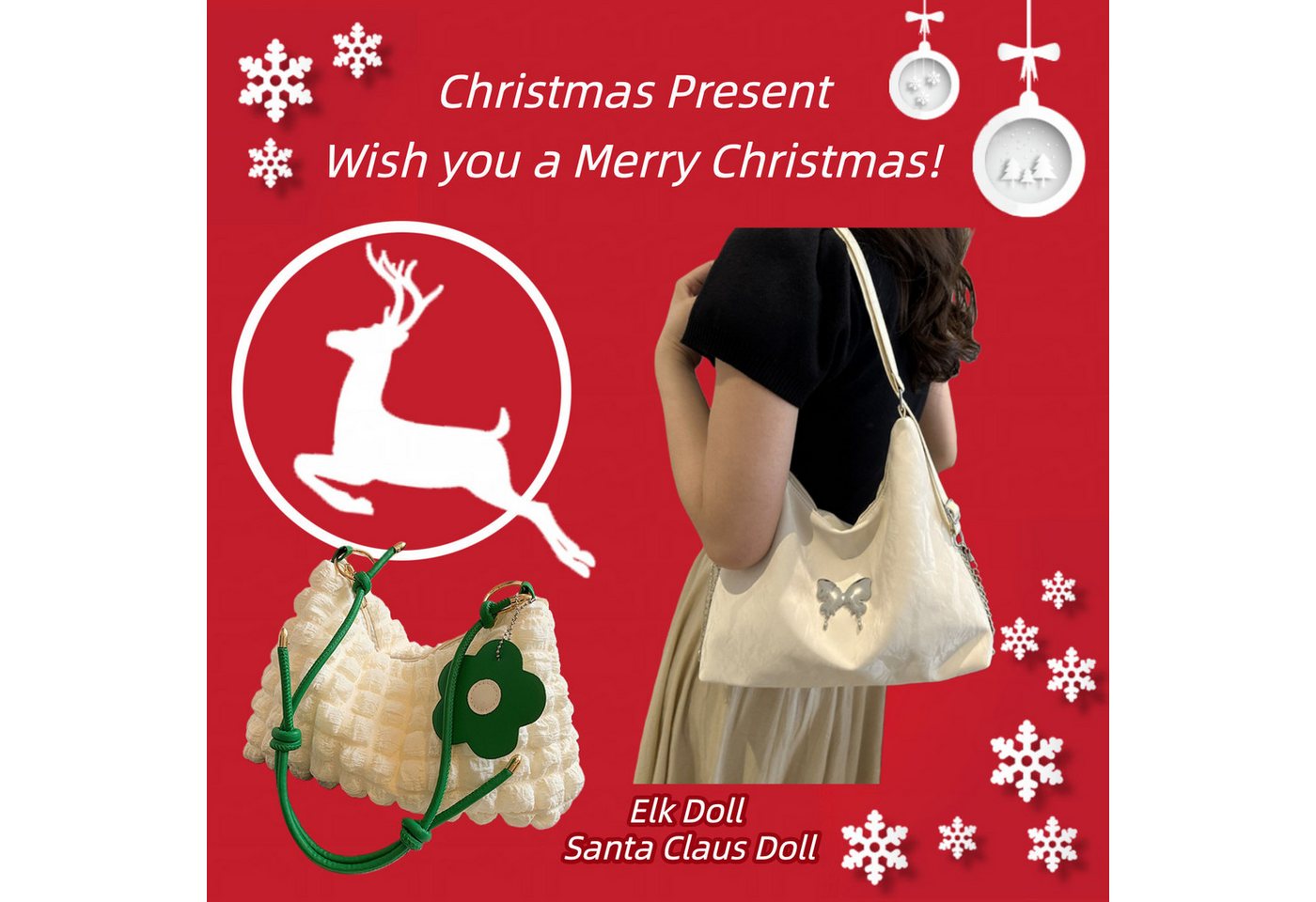 Super Solu Schultertasche Exklusives Weihnachts-Taschen-Duo Damen Handtaschen (Weiß & Weiß, 2-tlg., Tasche 1: B/H/T30/26,5/9cm, Tasche 2: B/H/T 8*16*27cm), Tasche 1: 3-in-1 aus PU, Tasche 2: Wolken-Style aus Stoff von Super Solu