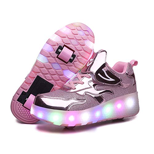 Jungen Mädchen Rollschuhe mit Rollen LED Lichter Schuhe 7 Farben Leuchtend Rollenschuhe USB Aufladbare Blinken Doppelräder Skateboardschuhe Kinder Outdoor Gymnastik Sportschuhe von Super kids