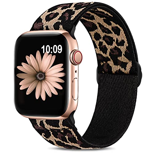 Dehnbares Nylon-Solo Loop-Armband, kompatibel mit Apple Watch, 38 mm, 40 mm, 41 mm, 42 mm, 44 mm, 45 mm, geflochtenes, sportliches elastisches Armband f?r iWatch Apple Watch Serie 7, 6, SE, 5, 4, 3, 2, 1, f?r Damen und Herren, Leopardenmuster von SuperNaNa