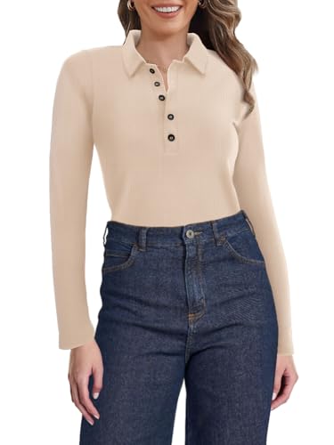 SuperPrity Damen Elegant Casual Tops V-Ausschnitt Business Arbeit Blusen Knopfleiste Langarm Shirts Gerippt Basic Trendy Polo, Beige, Groß von SuperPrity