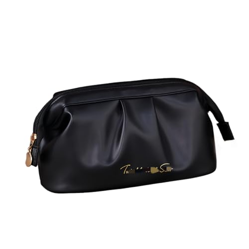Supercap Kosmetiktasche aus PU-Leder, kleine Reise-Make-up-Organizer, Kulturbeutel für Mädchen, Frauen, wasserabweisend, weit geöffnet (Black) von Supercap