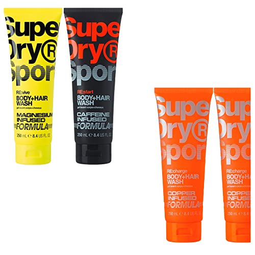 5tlg. Set 4x250ml SuperDry Sport Männer 2in1 Duschgel & Shampoo 2 x RE:charge | RE:vive | RE:start + Dustbag von STUDIO.MUNET von Superdry Sport