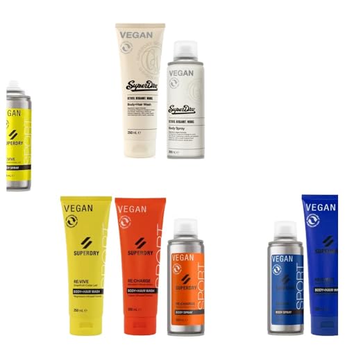 9tlg. Set: 4x200ml SuperDry Sport Männer Deospray Deodorant Body Spray & 4x250ml 2in1 Duschgel & Shampoo 2 x RE:charge | RE:vive | RE:start + Dustbag von STUDIO.MUNET von Superdry Sport