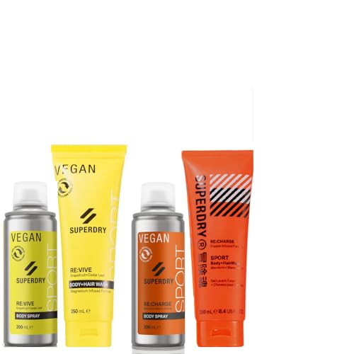 5tlg.Set 2x200ml SuperDry Sport Männer Deospray Deodorant Body Spray RE:charge | RE:vive & 2x250ml 2in1 Duschgel & Shampoo RE:charge | RE:vive + Dustbag von STUDIO.MUNET von Superdry Sport