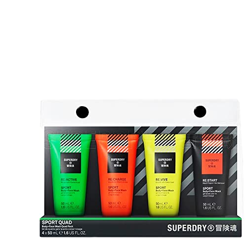 5tlg. Geschenk-Mix-Set: 4x50ml SuperDry Sport Quad Männer 2in1 Duschgel & Shampoo RE:charge | RE:vive | RE:active | RE:start + Dustbag von STUDIO.MUNET von Superdry Sport