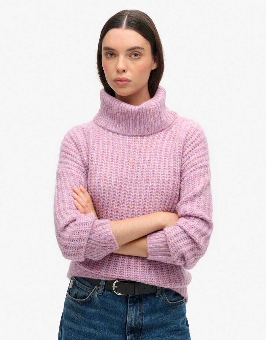 Superdry - Angerauter Rippstrick-Pullover in meliertem Flieder-Rosa mit weitem Rollkragen-Lila von Superdry