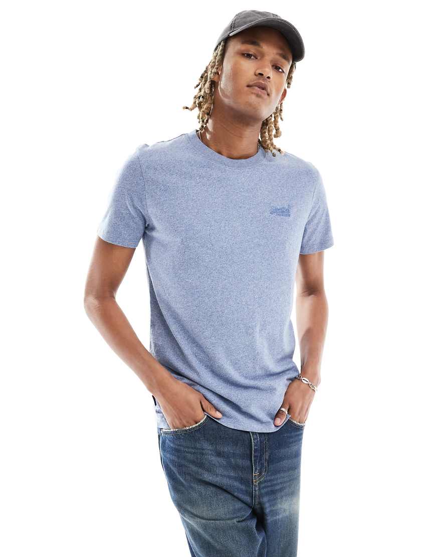 Superdry - Basic-T-Shirt aus Baumwolle in meliertem Buchtblau mit Logo von Superdry