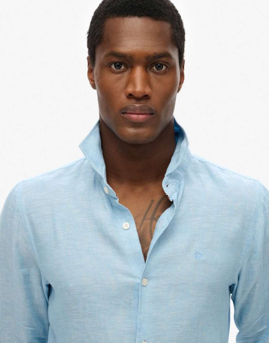 Superdry - Besticktes Urlaubshemd aus Leinen in Meerblau-Chambray von Superdry