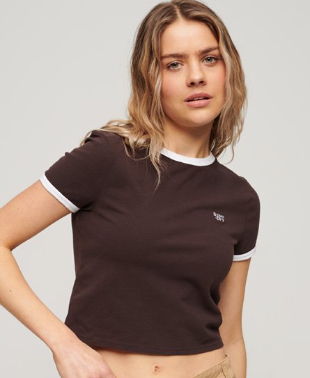 Superdry Braun Damen Verkürztes Ringer-T-Shirt aus Bio-Baumwolle mit Logo Bestickt, Größe: 38 - Größe: 38 von Superdry
