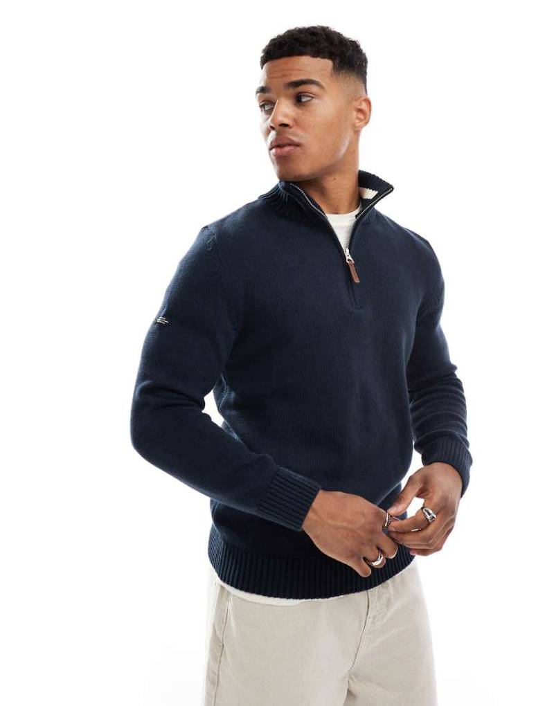 Superdry - Cotton Classics - Strickpullover in Navy mit halblangem Reißverschluss-Marineblau von Superdry