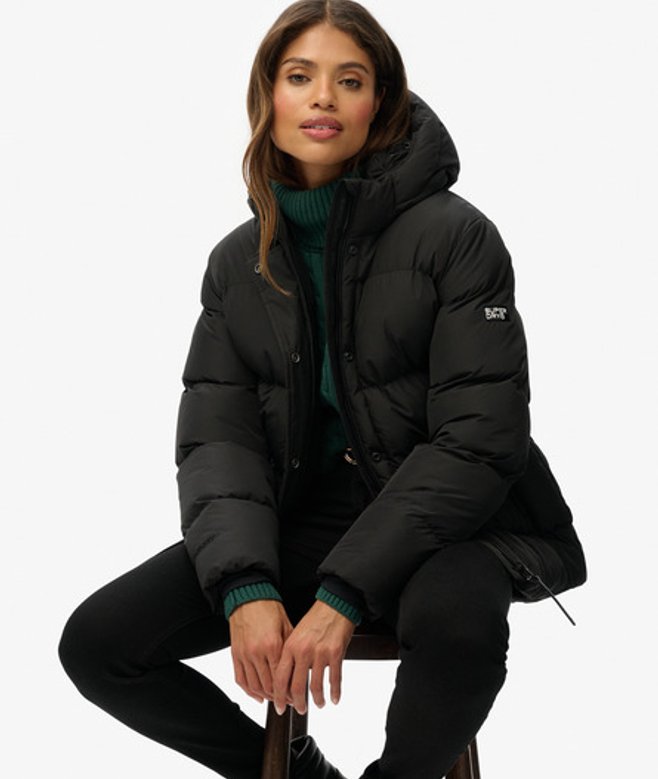 Superdry Damen Mittellange Sport-steppjacke mit Kapuze Black - Größe: 42 von Superdry
