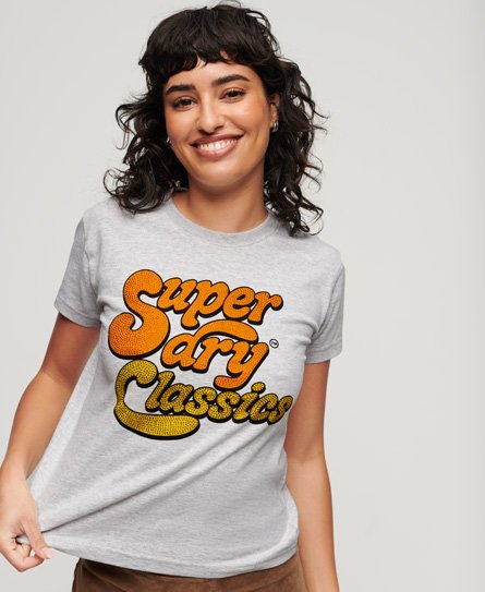 Superdry Women's 70er-Jahre-T-Shirt mit Schriftzug und Logo in Metallic-Optik Grau - Größe: 38 von Superdry