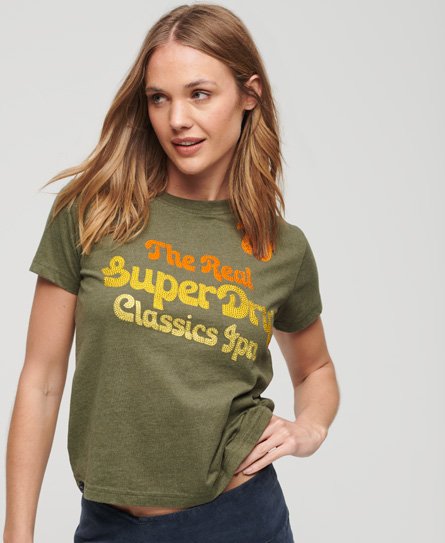 Superdry Women's 70er-Jahre-T-Shirt mit Schriftzug und Logo in Metallic-Optik Grün - Größe: 36 von Superdry