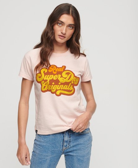 Superdry Women's 70er-Jahre-T-Shirt mit Schriftzug und Logo in Metallic-Optik Pink - Größe: 36 von Superdry