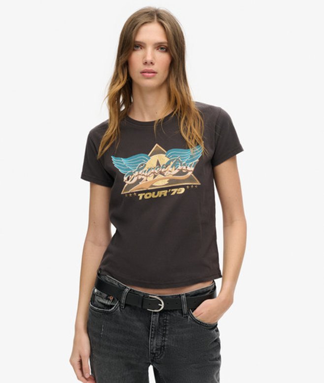 Superdry Damen 70s Rock Band T-shirt mit Flügelärmeln Schwarz - Größe: 38 von Superdry