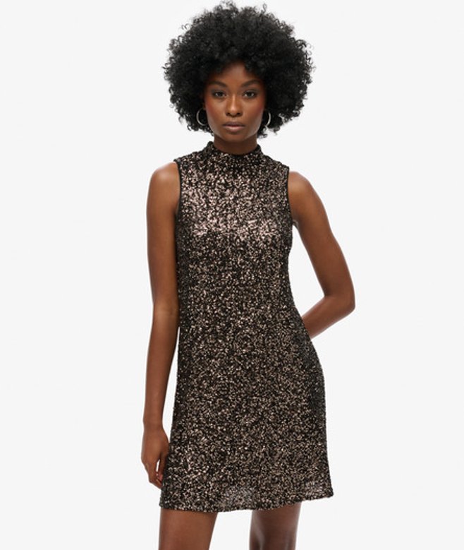 Superdry Damen Ärmelloses A-linien-minikleid mit Pailletten Braun - Größe: 38 von Superdry