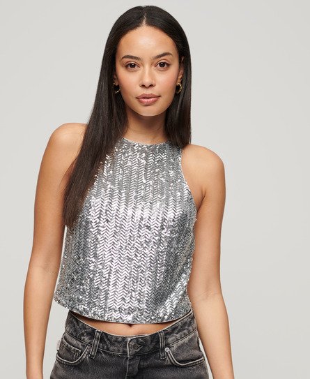 Superdry Women's Ärmelloses Racer-Oberteil mit Pailletten Silber - Größe: 44 von Superdry