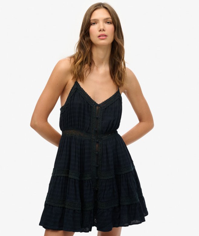 Superdry Damen Alana Trägerkleid mit Spitzenbesatz Marineblau - Größe: 38 Superdry Damen Alana Trägerkleid mit Spitzenbesatz Marineblau - Größe: 38 von Superdry