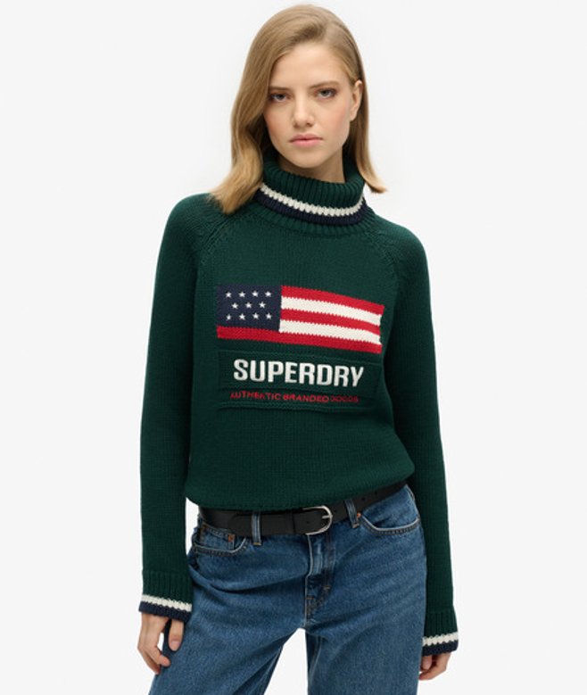 Superdry Damen Americana Strickpullover mit Rollkragen Grün - Größe: 40 von Superdry