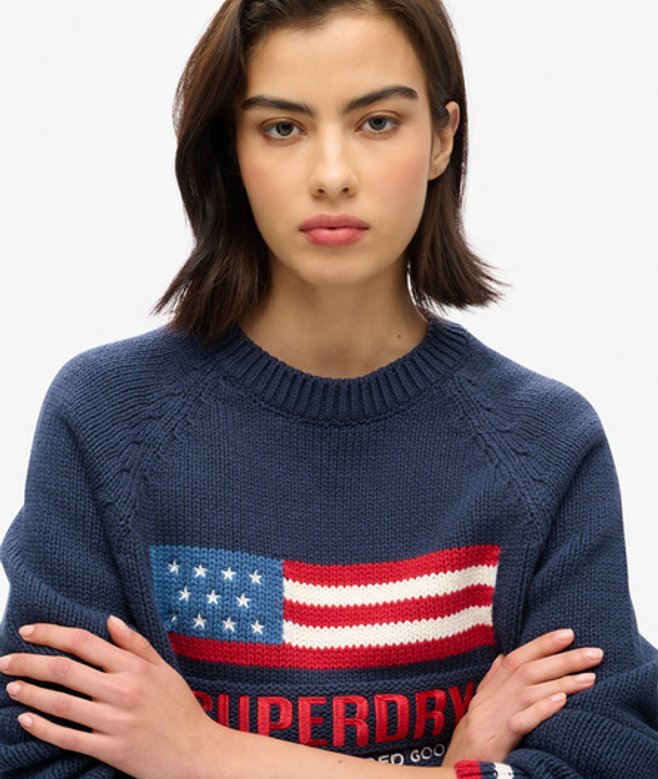 Superdry Damen Americana Strickpullover mit Rundhalsausschnitt Marineblau - Größe: 44 von Superdry