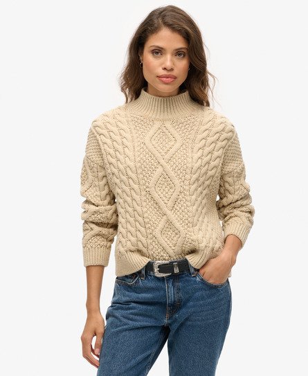 Superdry Damen Creme Aran Polo-Strickpullover mit Zopfmuster Gestrickt, Größe: 38 von Superdry