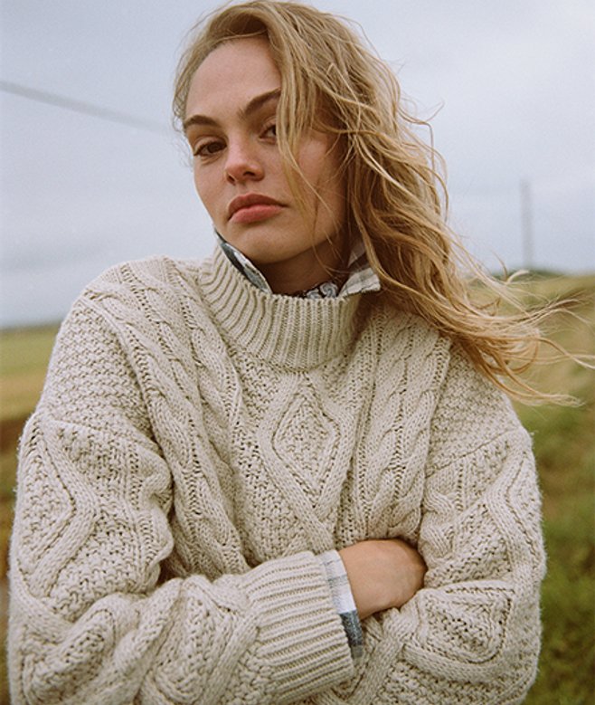 Superdry Damen Aran Polo-strickpullover mit Zopfmuster Creme - Größe: 40 von Superdry