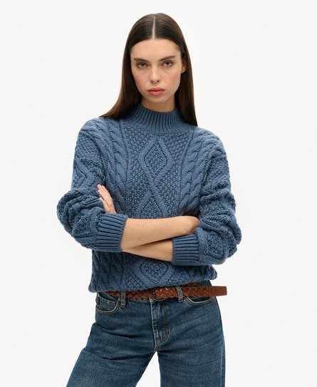 Superdry Damen Aran Polo-Strickpullover mit Zopfmuster Marineblau - Größe: 36 von Superdry