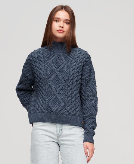 Superdry Damen Aran Polo-Strickpullover mit Zopfmuster Marineblau - Größe: 38 von Superdry