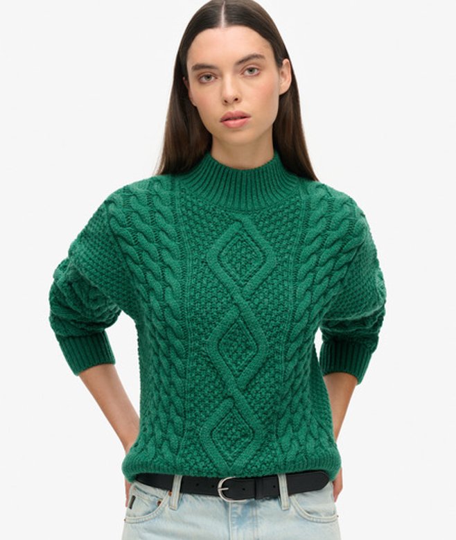Superdry Damen Grün Aran Polo-Strickpullover mit Zopfmuster Gestrickt, Größe: 36 von Superdry