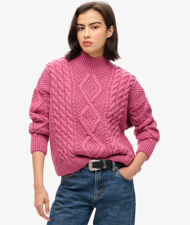 Superdry Damen Aran Polo-strickpullover mit Zopfmuster Pink - Größe: 42 von Superdry