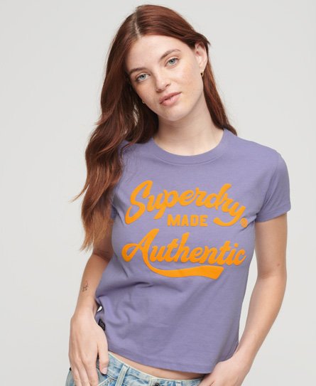 Superdry Damen Lila und Gelb Archive T-Shirt mit Neonfarbener Grafik, Größe: 34 von Superdry