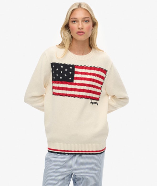 Superdry Damen Athletic Essentials Americana Flag Strickpullover Cream - Größe: 42 von Superdry