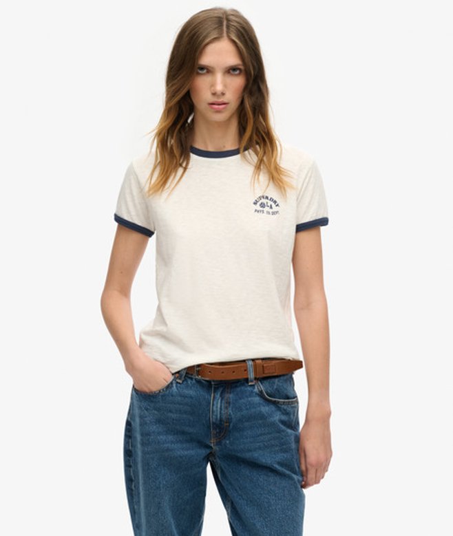 Superdry Damen Athletic Essentials Beach Graphic Ringer T-shirt Weiß - Größe: 40 von Superdry